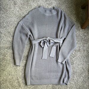 Gray Knit Sweater Dress with Belt